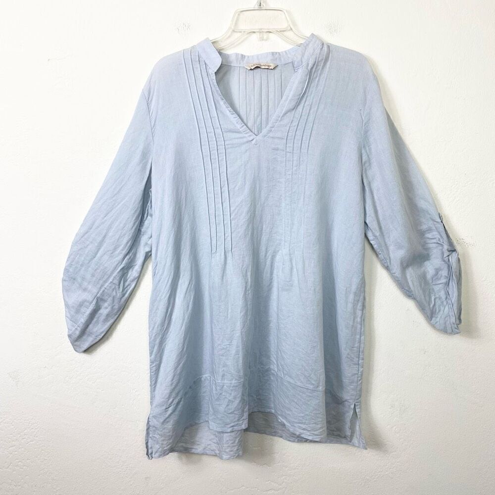 Soft Surroundings Adela Light Blue Cotton Ramie Long Sleeve Tunic Top Size